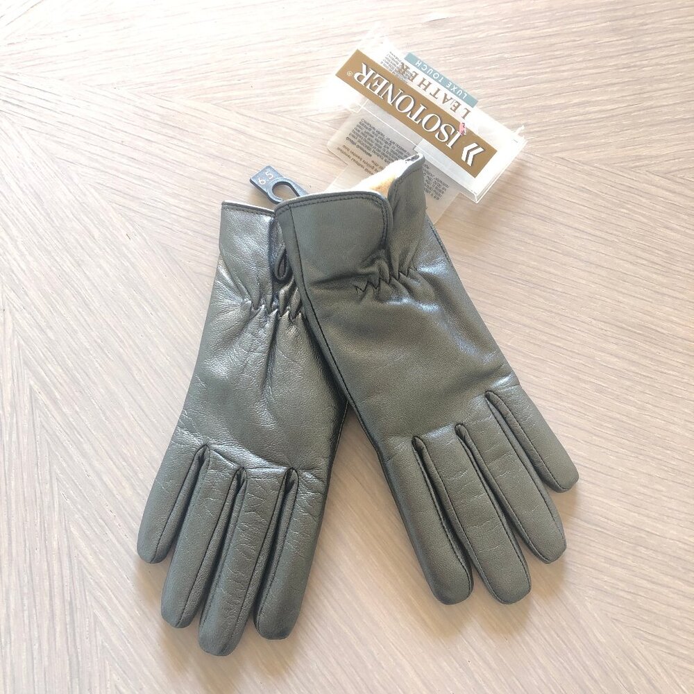 Isotoner Silver Leather Gloves, Size 6.5